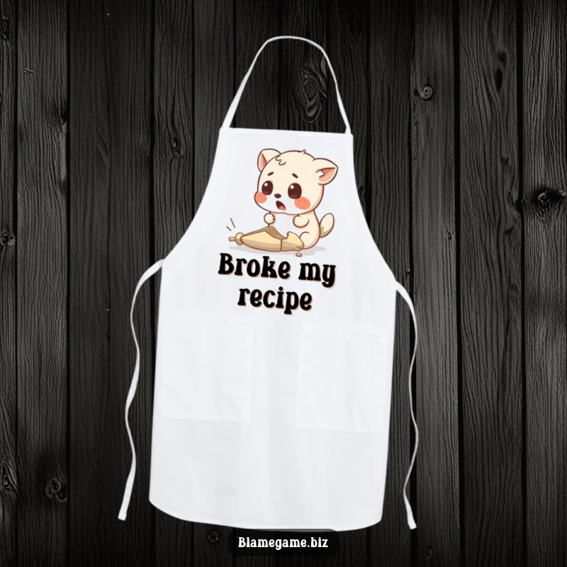 Funny apron with a surprised small animal looking at an absurdly tiny, broken object, ideal for kitchen humor.