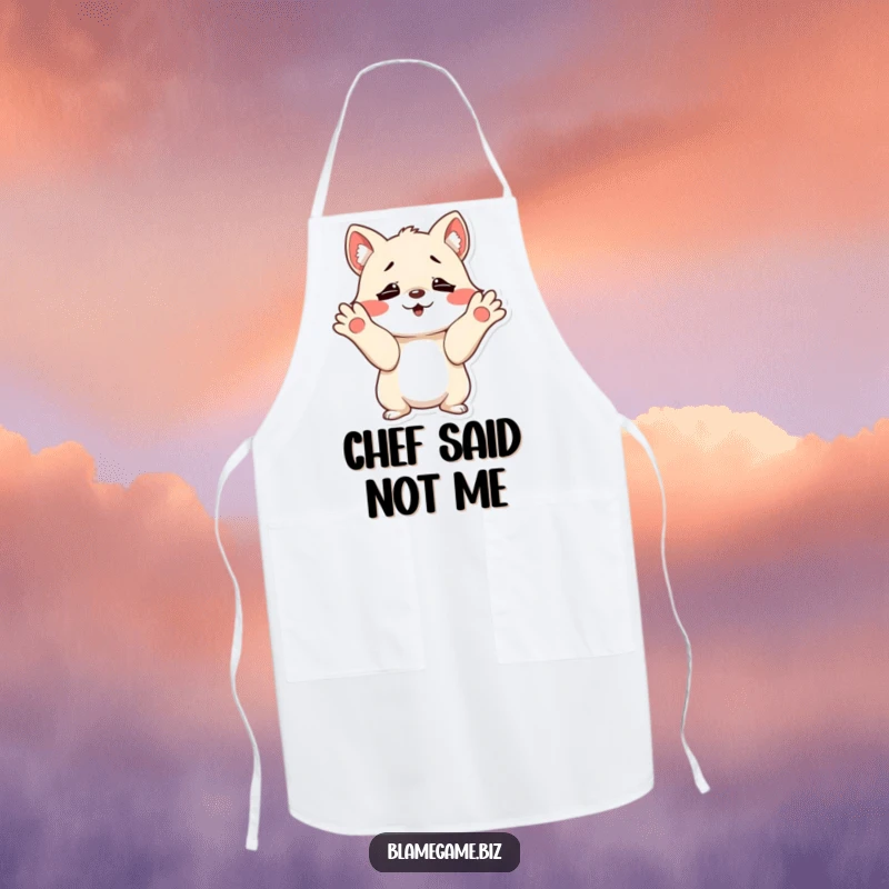 Funny apron with a mischievous small animal shrugging with innocent, wide-open paws, ideal for kitchen humor.