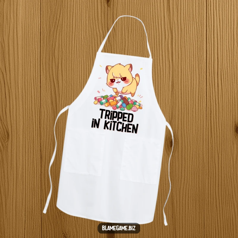 Funny apron with a flustered small animal tripping over scattered colorful objects, ideal for kitchen humor.