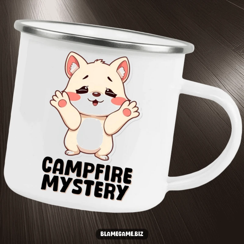 Funny camping mug with a mischievous small animal shrugging with innocent, wide-open paws, perfect for outdoors.