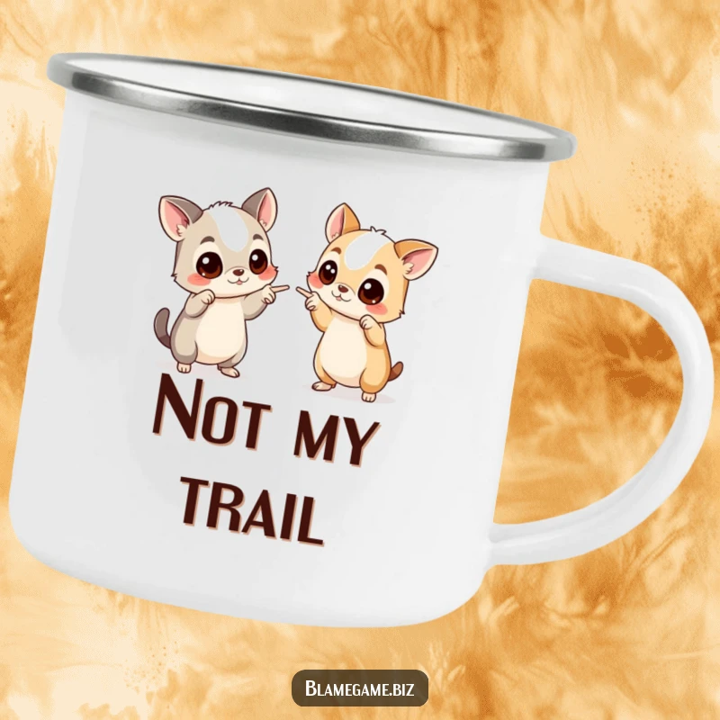 Funny camping mug featuring two wide-eyed animals pointing accusingly, designed for outdoor adventures and humor.