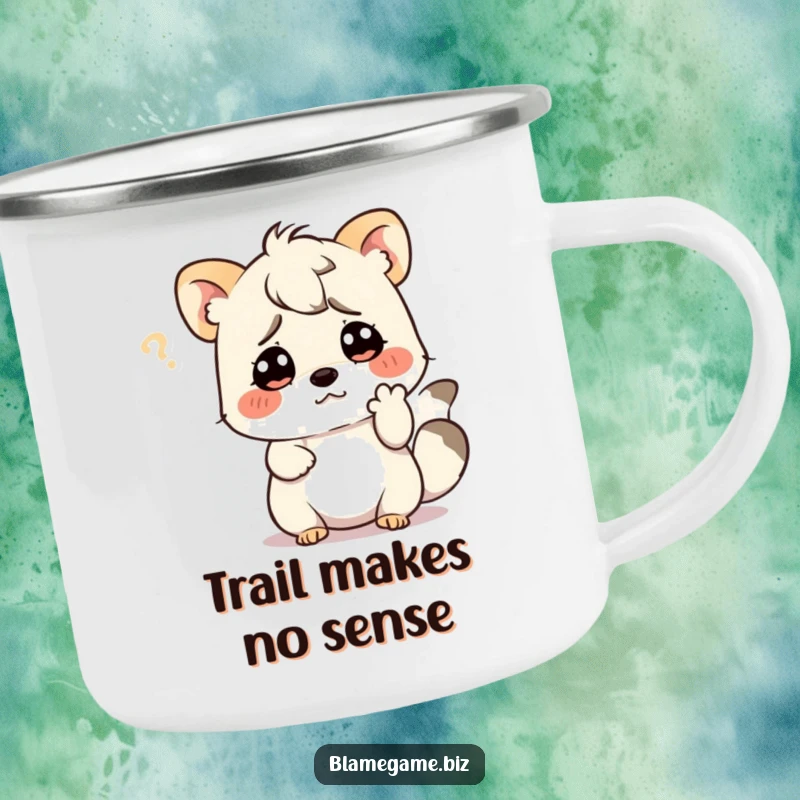 Funny camping mug with a confused small animal scratching its head with a paw, perfect for outdoors.