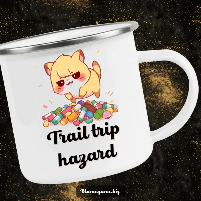 Funny camping mug with a flustered small animal tripping over scattered colorful objects, perfect for outdoors.