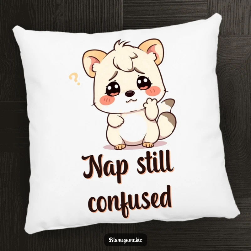 Funny pillow with a confused small animal scratching its head with a paw, perfect for comfort.