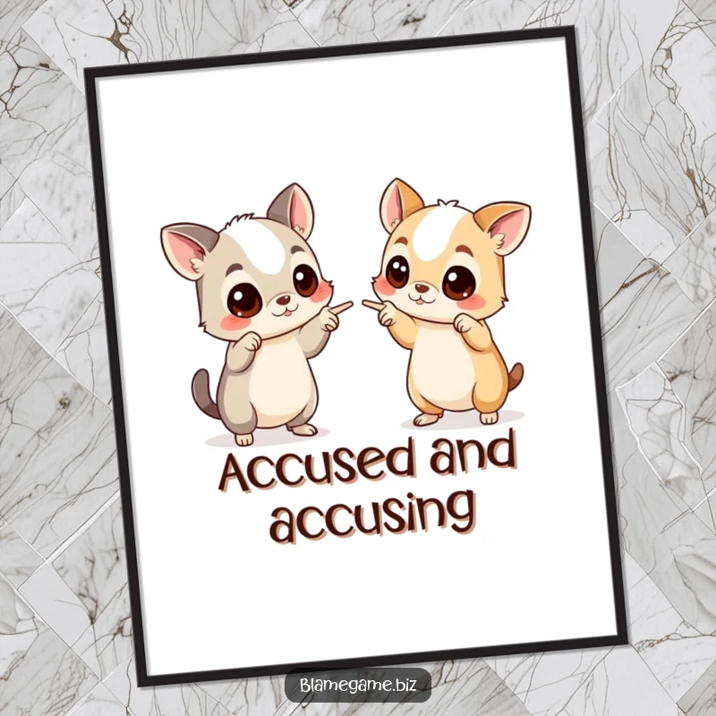 Funny digital art print of two wide-eyed animals pointing accusingly, perfect for instant humorous decor.
