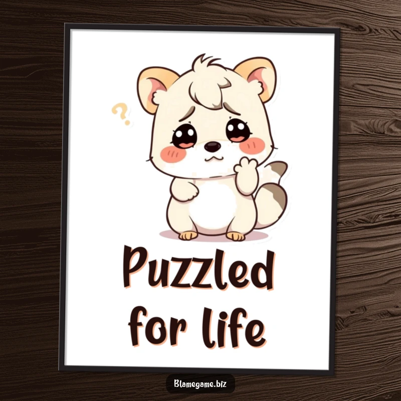 Funny digital art print of a confused small animal scratching its head with a paw, for instant decor.