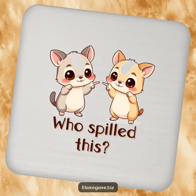 Funny coasters (set of 4) with two wide-eyed animals pointing accusingly, protecting surfaces with humor.