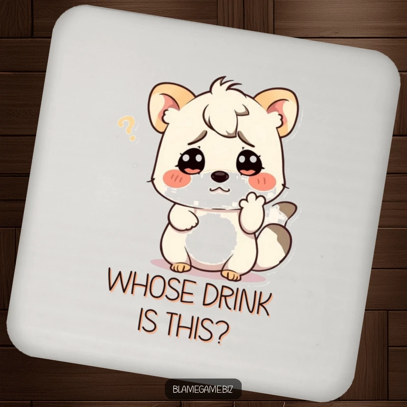 Funny coasters (set of 4) with a confused small animal scratching its head with a paw, protecting surfaces.