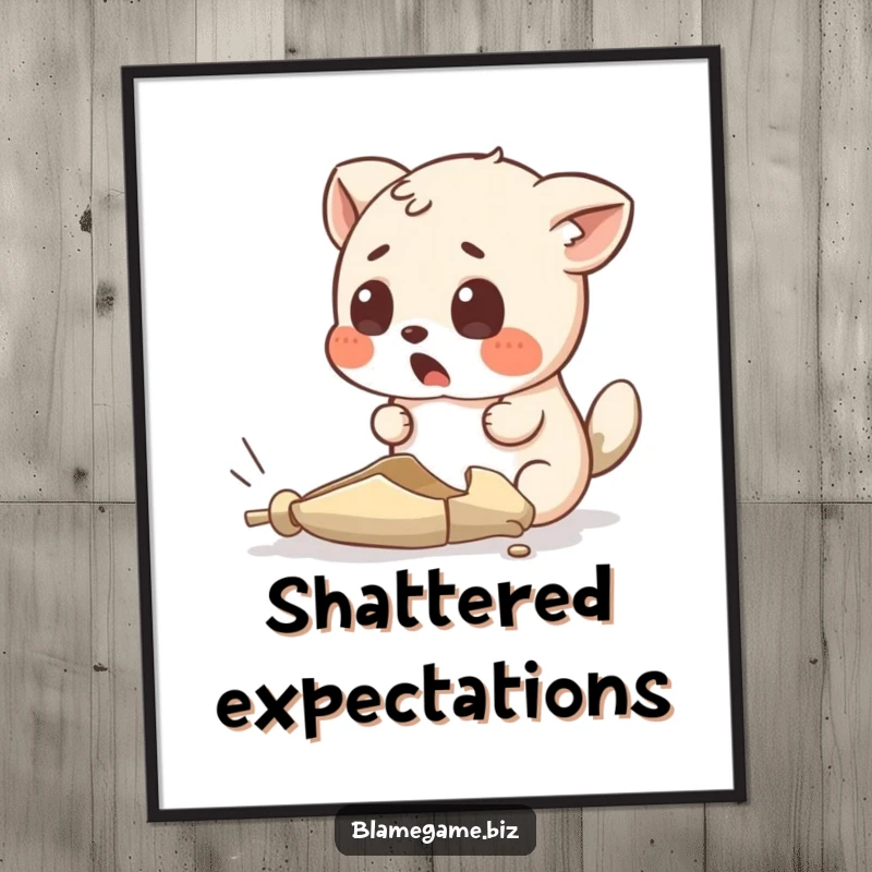 Funny poster featuring a surprised small animal looking at an absurdly tiny, broken object, adding humorous decor.