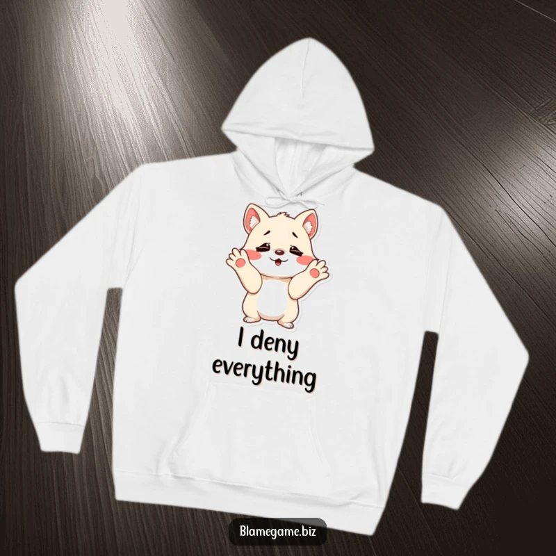 Funny hoodie featuring a mischievous small animal shrugging with innocent, wide-open paws, ideal for cozy fun.