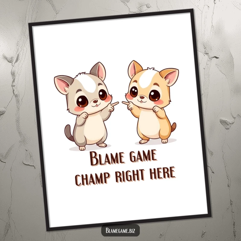 Funny Free Printable Wall Art depicting two cartoon animals comically pointing fingers at each other with wide, accusatory eyes.