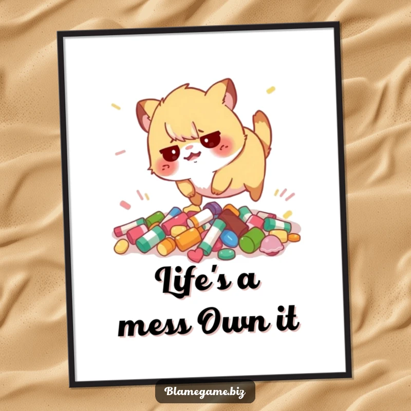 Funny Free Printable Wall Art of a flustered animal tripping comically over a scattered pile of colorful objects, adding humor.