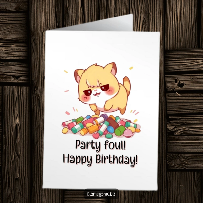 Funny Free Printable Birthday Card showing a flustered animal tripping over colorful objects, perfect for a chaotic birthday wish.
