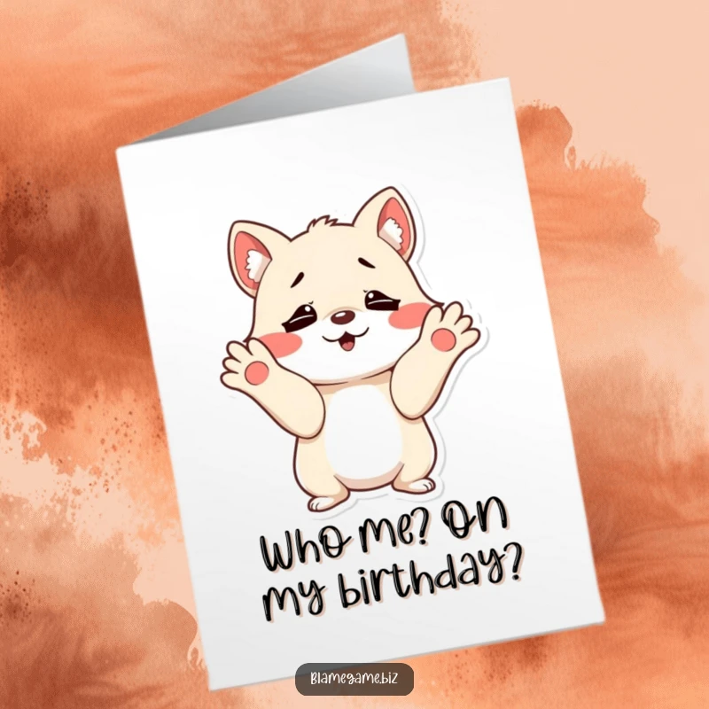 Funny Free Printable Birthday Card featuring a mischievous animal shrugging innocently with wide-open paws, perfect for a playful celebration.