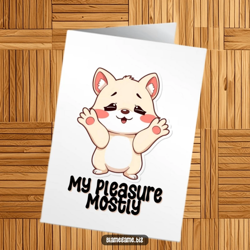 Funny Free Printable Thank You Card featuring a small animal innocently shrugging with wide-open paws, perfect for a humorous note of thanks.