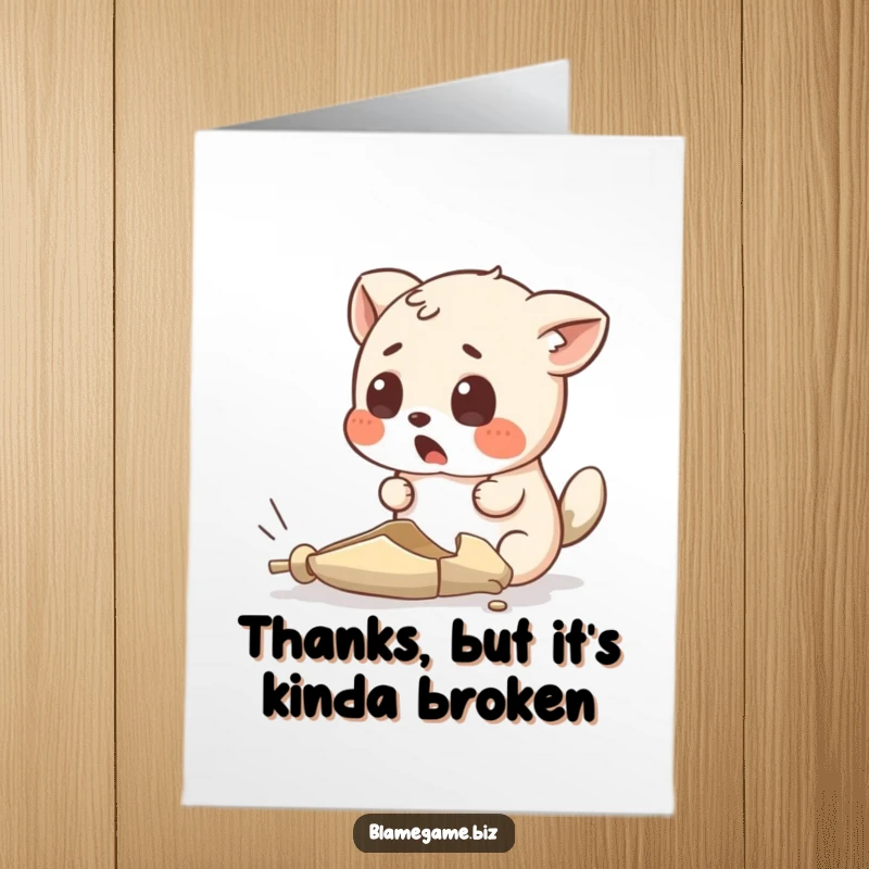 Funny Free Printable Thank You Card featuring a surprised animal looking at a tiny, broken object, expressing thanks humorously.