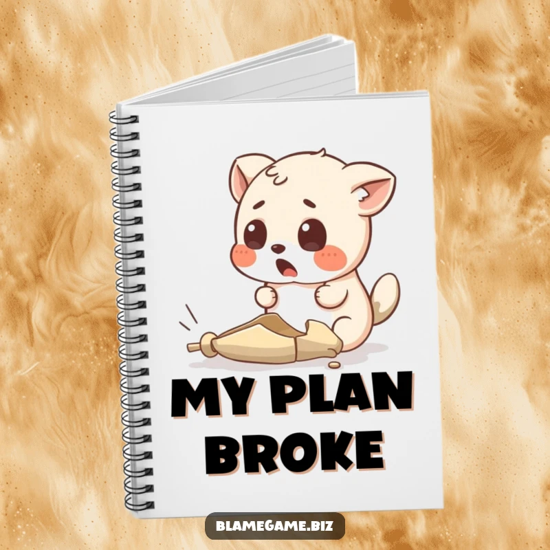 Funny notebook with a surprised small animal looking at an absurdly tiny, broken object, perfect for journaling.