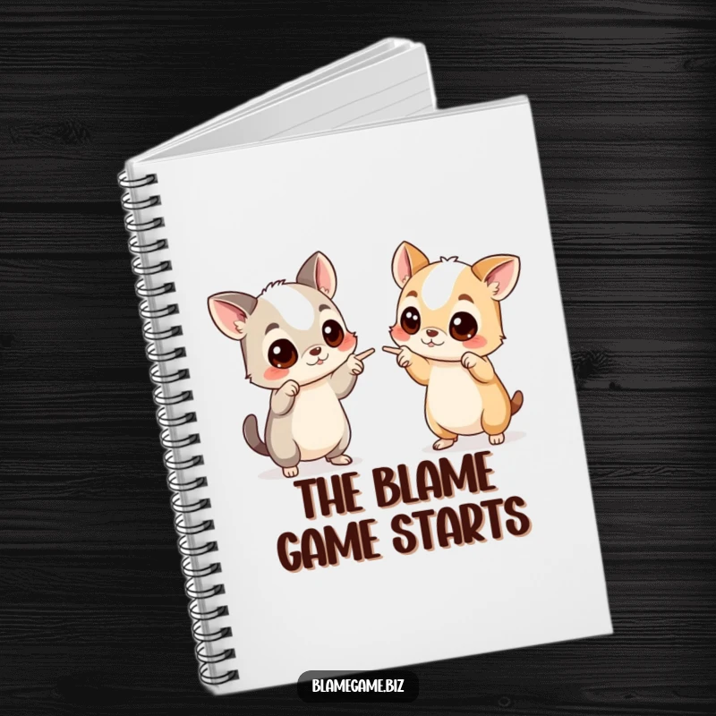 Funny notebook with two wide-eyed animals pointing accusingly, perfect for jotting down notes and ideas humorously.