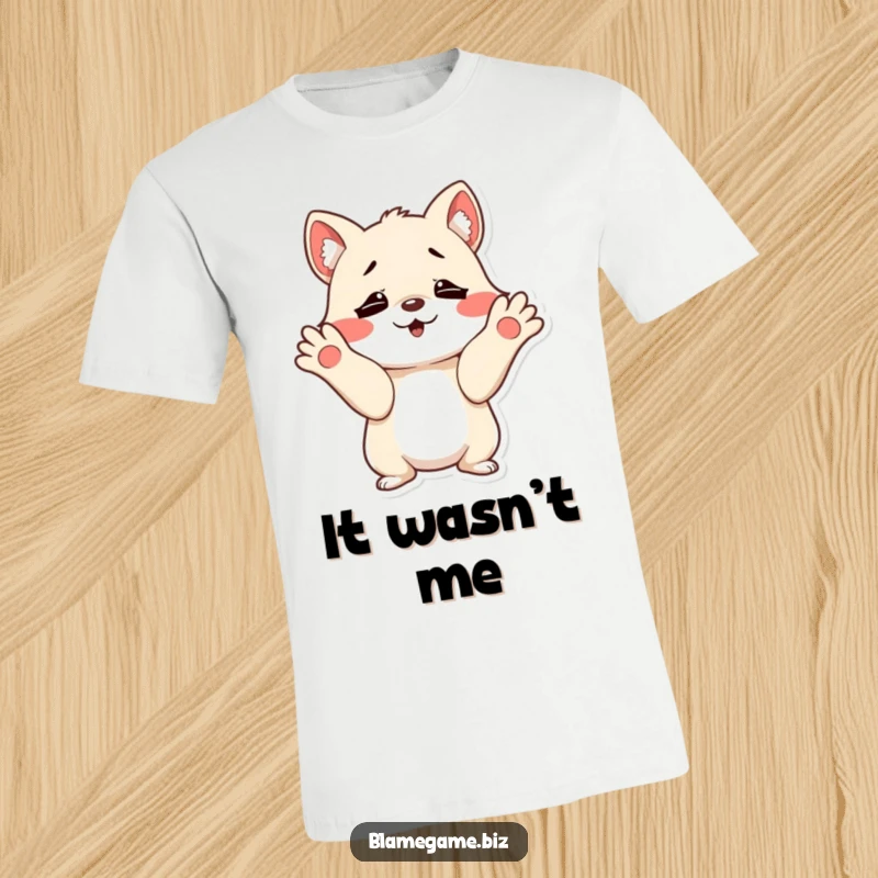 Funny t-shirt with a mischievous small animal shrugging with innocent, wide-open paws, perfect for playful souls.