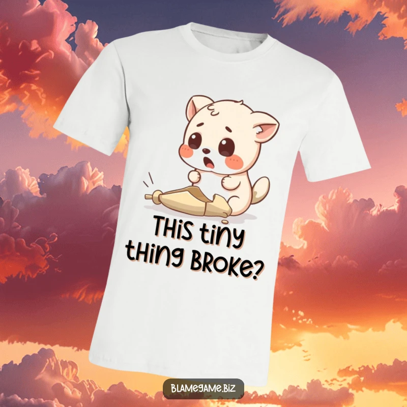 Funny t-shirt with a surprised small animal looking at an absurdly tiny, broken object, perfect for bewildered reactions.