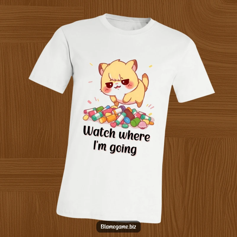 Funny t-shirt with a flustered small animal tripping over a pile of colorful objects, ideal for clumsy humor.