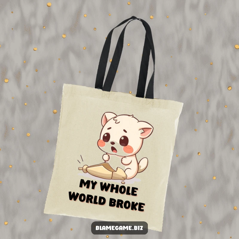 Funny tote bag with a surprised small animal looking at an absurdly tiny, broken object, ideal for daily use.