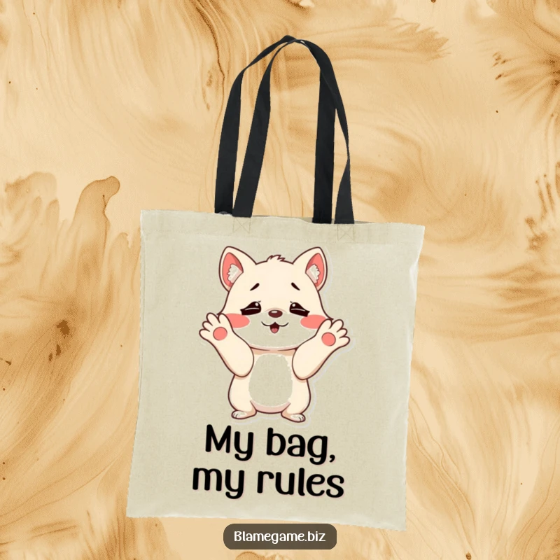 Funny tote bag with a mischievous small animal shrugging with innocent, wide-open paws, ideal for daily use.