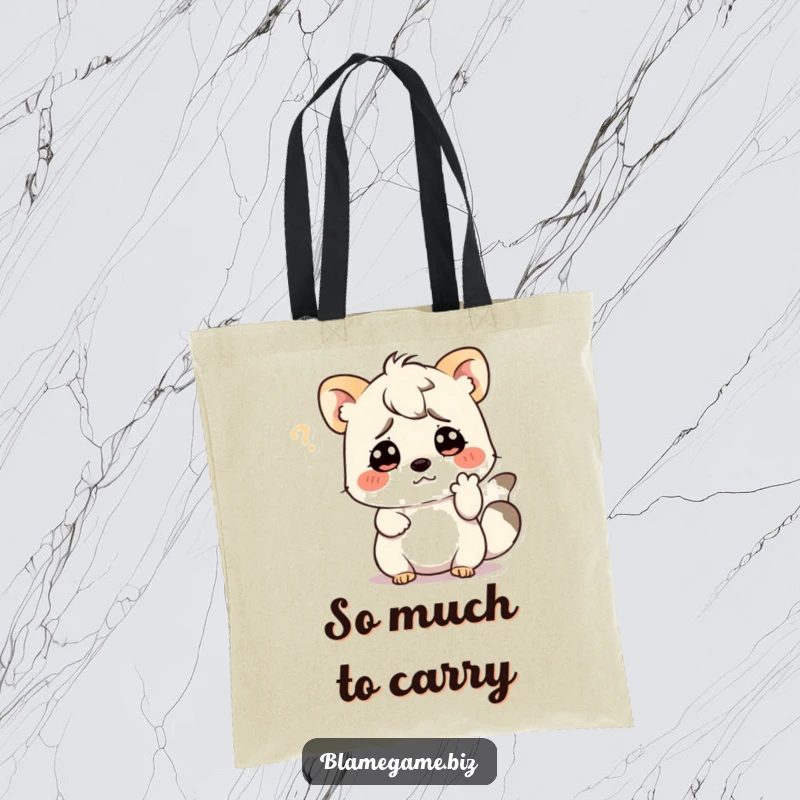 Funny tote bag with a confused small animal scratching its head with a paw, ideal for daily use.